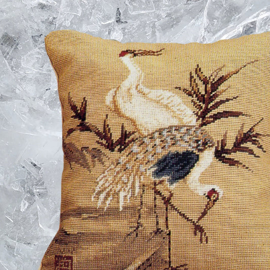 Handmade Wool Needlepoint Pillow Cover - Decorative Throw Cushion Cover - Vintage Floral Embroidery Design Cranes with green leaves