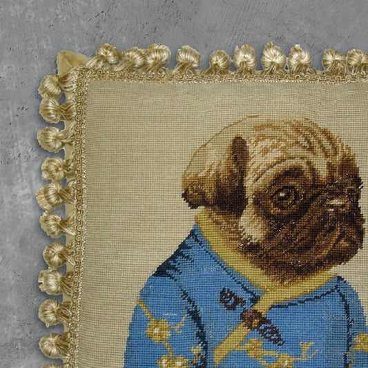 Handmade Wool Needlepoint Pillow Cover - Decorative Throw Cushion Cover - Vintage Floral Embroidery Design pug girl in blue jacket with 3 color cording