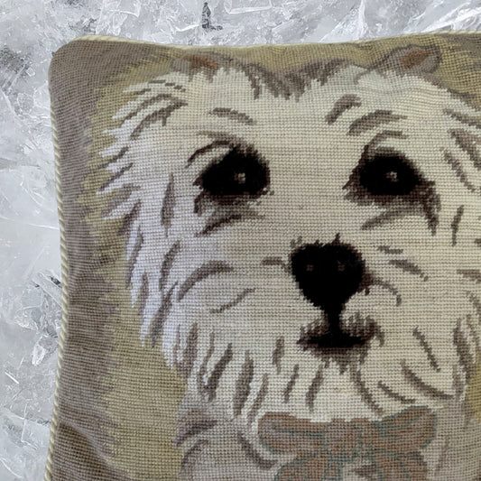 Handmade Wool Needlepoint Pillow Cover - Decorative Throw Cushion Cover - Vintage Floral Embroidery Design Westie with 3 color cording