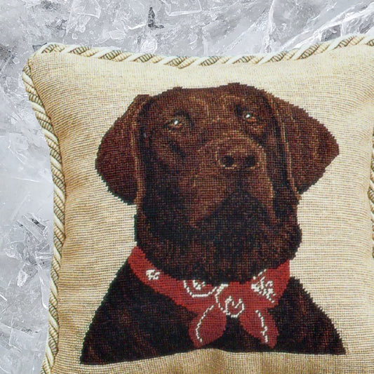 Handmade Wool Needlepoint Pillow Cover - Decorative Throw Cushion Cover - Vintage Floral Embroidery Design brown Labradorwith 2 color cording