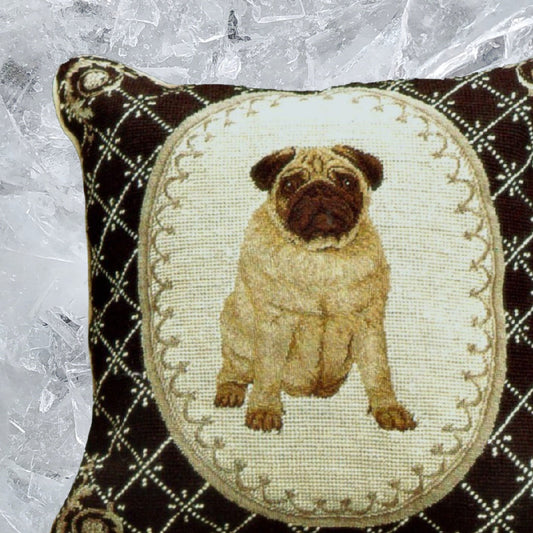 Handmade Wool Needlepoint Pillow Cover - Decorative Throw Cushion Cover - Vintage Floral Embroidery Design Pettiepoint Pug in black frame