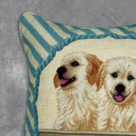 Handmade Wool Needlepoint Pillow Cover - Decorative Throw Cushion Cover - Vintage Floral Embroidery Design 2 puppies in balcony