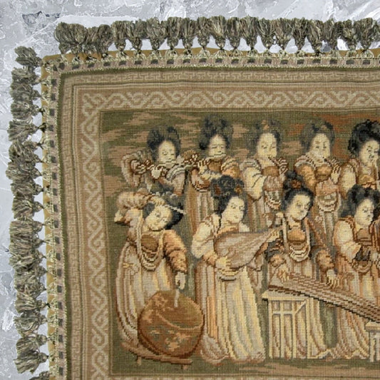 Handmade Wool Needlepoint Pillow Cover - Decorative Throw Cushion Cover - Vintage Floral Embroidery Design musician ladies from China old silk road painting with tassels