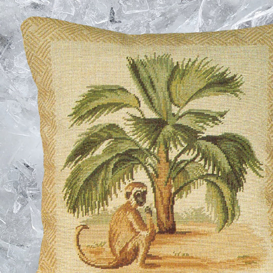 Handmade Wool Needlepoint Pillow Cover - Decorative Throw Cushion Cover - Vintage Floral Embroidery Design 5 long tail monkey & palm tree waved frame 1
