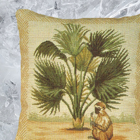 Handmade Wool Needlepoint Pillow Cover - Decorative Throw Cushion Cover - Vintage Floral Embroidery Design 5 long tail monkey & palm tree waved frame