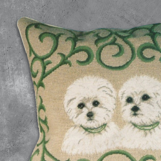 Handmade Wool Needlepoint Pillow Cover - Decorative Throw Cushion Cover - Vintage Floral Embroidery Design twin Westie in green leave frame