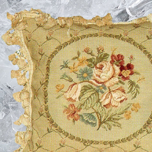 Handmade Wool Needlepoint Pillow Cover - Decorative Throw Cushion Cover - Vintage Floral Embroidery Design floral in small leave circle with tassel