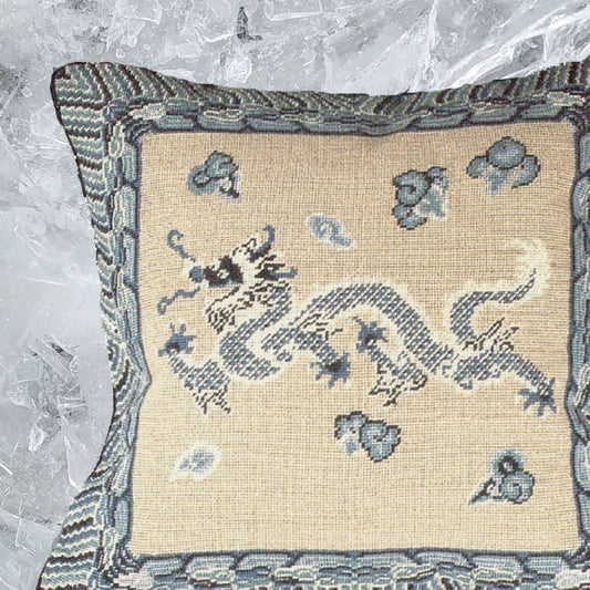 Handmade Wool Needlepoint Pillow Cover - Decorative Throw Cushion Cover - Vintage Floral Embroidery Design blue/white Dragon