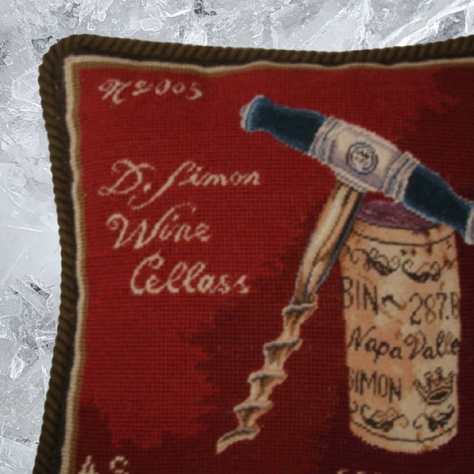 Handmade Wool Needlepoint Pillow Cover - Decorative Throw Cushion Cover - Vintage Floral Embroidery Design pin & cork red back Angela Staehling designBine 287 with cording