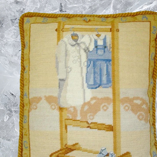 Handmade Wool Needlepoint Pillow Cover - Decorative Throw Cushion Cover - Vintage Floral Embroidery Design blue suit with gold cording