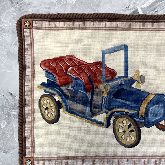 Handmade Wool Needlepoint Pillow Cover - Decorative Throw Cushion Cover - Vintage Floral Embroidery Design blue/red wagon with brown cording