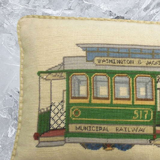 Handmade Wool Needlepoint Pillow Cover - Decorative Throw Cushion Cover - Vintage Floral Embroidery Design SF cable car Washington-Jackson St checker cording