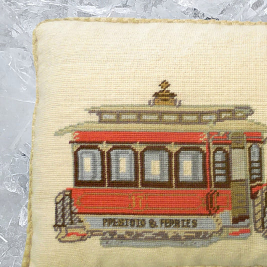 Handmade Wool Needlepoint Pillow Cover - Decorative Throw Cushion Cover - Vintage Floral Embroidery Design SF cable car Presidio- Ferries checker cording