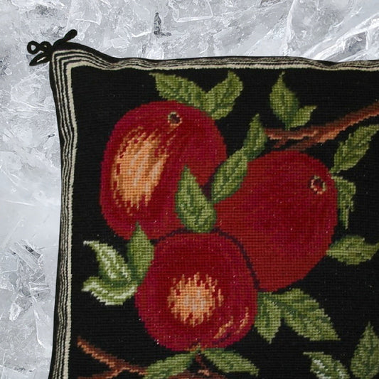 Handmade Wool Needlepoint Pillow Cover - Decorative Throw Cushion Cover - Vintage Floral Embroidery Design red apples black background