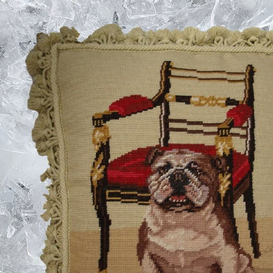 Handmade Wool Needlepoint Pillow Cover - Decorative Throw Cushion Cover - Vintage Floral Embroidery Design bull dog