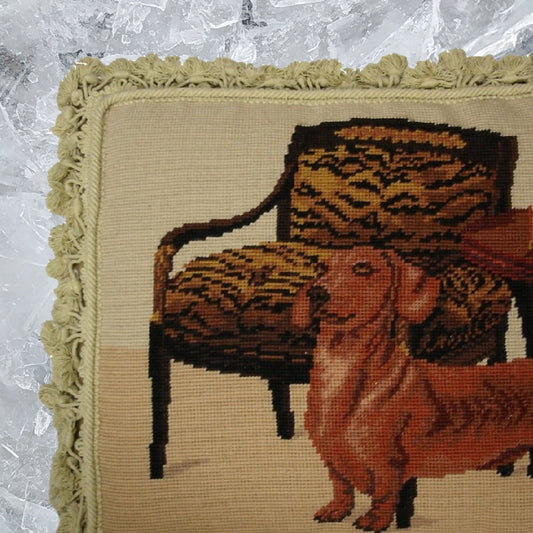 Handmade Wool Needlepoint Pillow Cover - Decorative Throw Cushion Cover - Vintage Floral Embroidery Design Dachshund