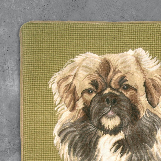 Handmade Wool Needlepoint Pillow Cover - Decorative Throw Cushion Cover - Vintage Floral Embroidery Design Pekinese