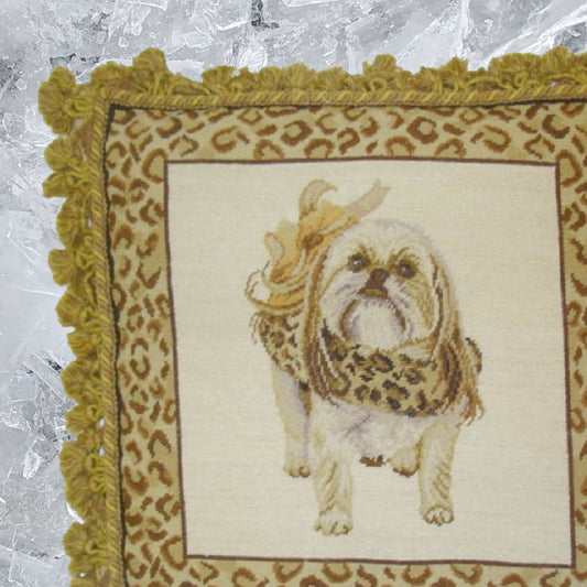 Handmade Wool Needlepoint Pillow Cover - Decorative Throw Cushion Cover - Vintage Floral Embroidery Design Shih-Tzu ware the animal print scarf with 2 color tassel