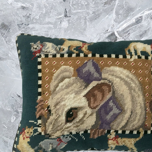 Handmade Wool Needlepoint Pillow Cover - Decorative Throw Cushion Cover - Vintage Floral Embroidery Design mouse surrounded by cats & dogs