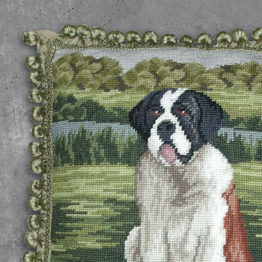Handmade Wool Needlepoint Pillow Cover - Decorative Throw Cushion Cover - Vintage Floral Embroidery Design St Bernards with tassels