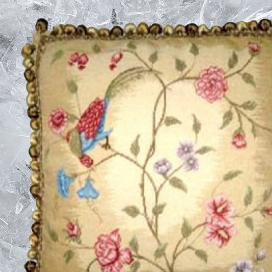 Handmade Wool Needlepoint Pillow Cover - Decorative Throw Cushion Cover - Vintage Floral Embroidery Design red/blue phoenix & plum in blossom with 3 color tassels 1