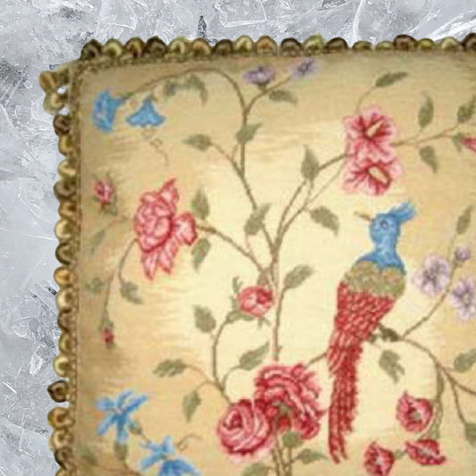 Handmade Wool Needlepoint Pillow Cover - Decorative Throw Cushion Cover - Vintage Floral Embroidery Design red/blue phoenix & plum in blossom with 3 color tassels