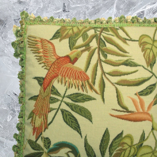 Handmade Wool Needlepoint Pillow Cover - Decorative Throw Cushion Cover - Vintage Floral Embroidery Design birds of Paradise with tassel 1