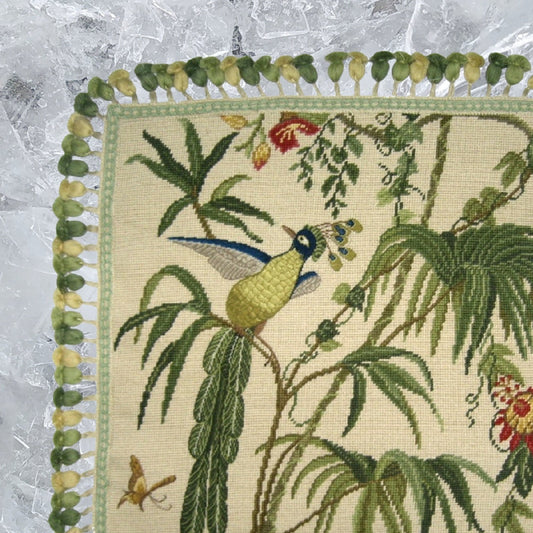 Handmade Wool Needlepoint Pillow Cover - Decorative Throw Cushion Cover - Vintage Floral Embroidery Design blue phoenix with tassel