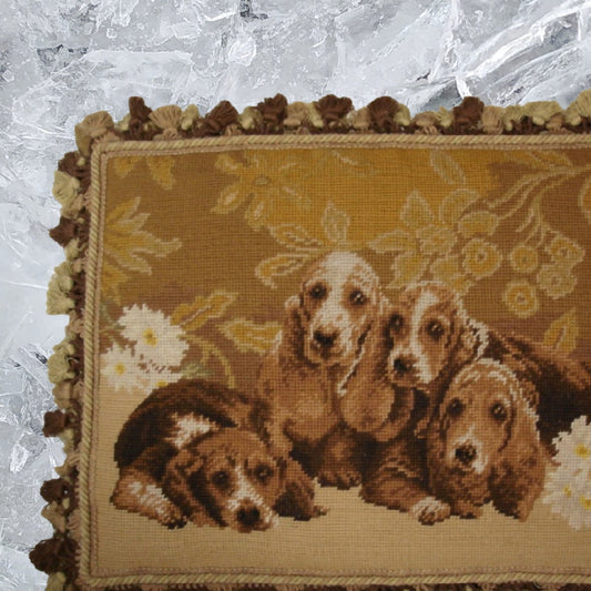 Handmade Wool Needlepoint Pillow Cover - Decorative Throw Cushion Cover - Vintage Floral Embroidery Design 4 Basset Hound with tassel