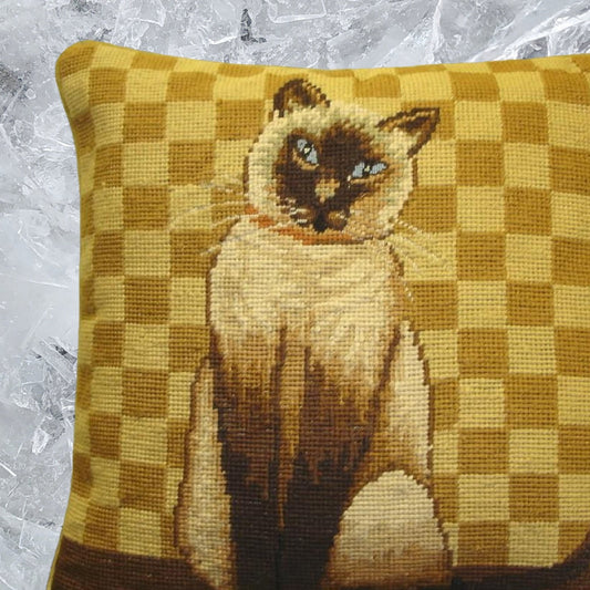 Handmade Wool Needlepoint Pillow Cover - Decorative Throw Cushion Cover - Vintage Floral Embroidery Design with badge brown cat gold checker