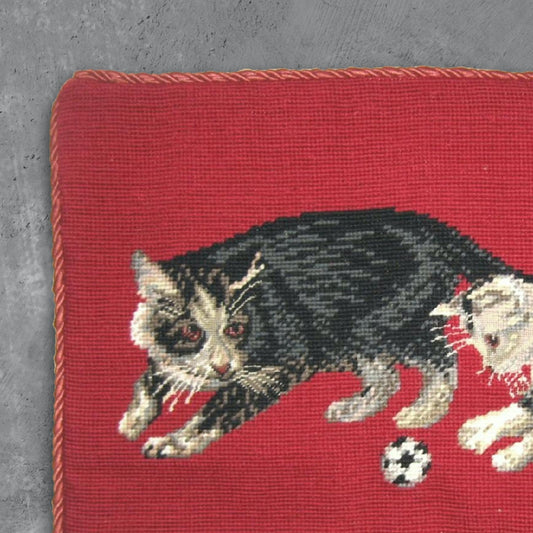 Handmade Wool Needlepoint Pillow Cover - Decorative Throw Cushion Cover - Vintage Floral Embroidery Design on cat faces rest of in red background with cording