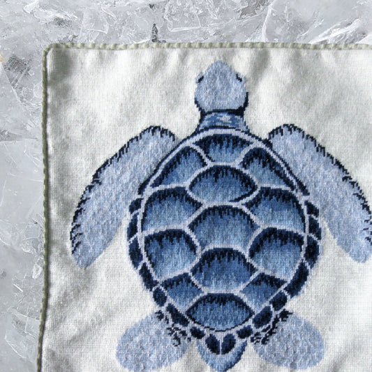 Handmade Wool Needlepoint Pillow Cover - Decorative Throw Cushion Cover - Vintage Floral Embroidery Design light blue sea turtle with cording