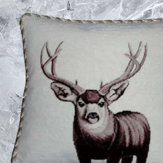Handmade Wool Needlepoint Pillow Cover - Decorative Throw Cushion Cover - Vintage Floral Embroidery Design Moose with 3 color cording