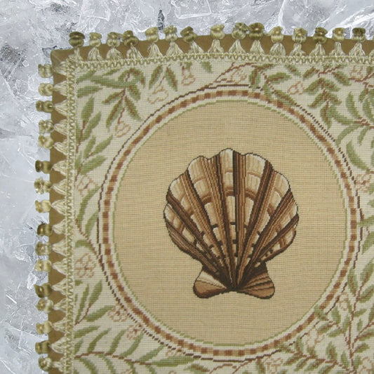 Handmade Wool Needlepoint Pillow Cover - Decorative Throw Cushion Cover - Vintage Floral Embroidery Design fan shell with back and tassels