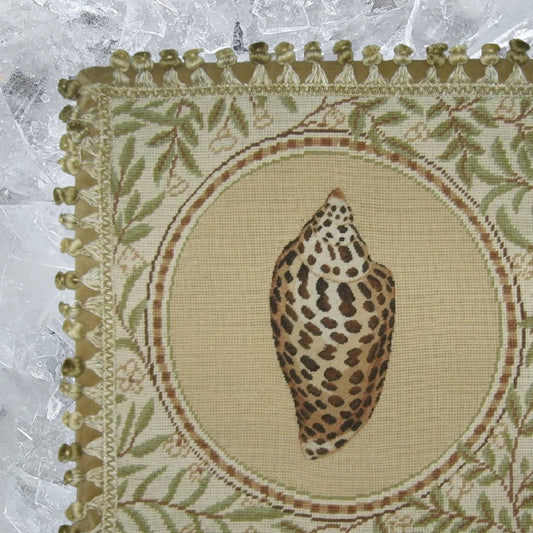 Handmade Wool Needlepoint Pillow Cover - Decorative Throw Cushion Cover - Vintage Floral Embroidery Design Conus shell with back and tassels