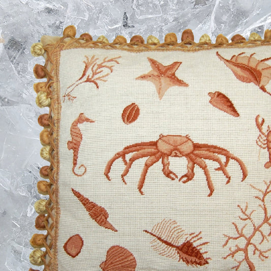 Handmade Wool Needlepoint Pillow Cover - Decorative Throw Cushion Cover - Vintage Floral Embroidery Design Fienst brown crab with tassels