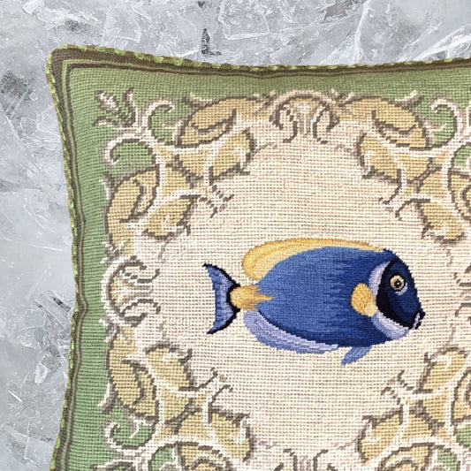 Handmade Wool Needlepoint Pillow Cover - Decorative Throw Cushion Cover - Vintage Floral Embroidery DesignFienst tropical fish - Surgeonfish with green frame checker cording