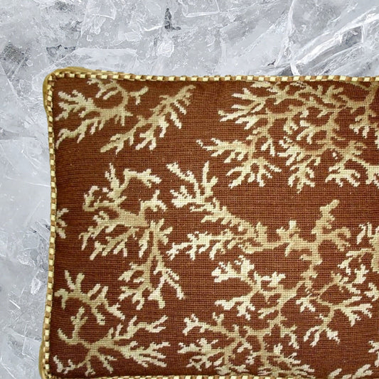 Handmade Wool Needlepoint Pillow Cover - Decorative Throw Cushion Cover - Vintage Floral Embroidery Design ivory coral brown background with cording 1