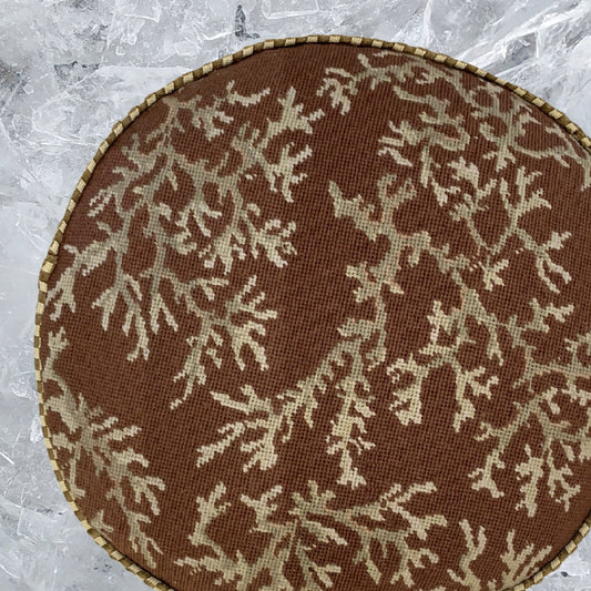 Handmade Wool Needlepoint Pillow Cover - Decorative Throw Cushion Cover - Vintage Floral Embroidery Design ivory coral brown background with cording