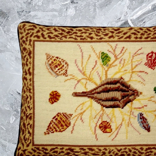 Handmade Wool Needlepoint Pillow Cover - Decorative Throw Cushion Cover - Vintage Floral Embroidery Design brown shell center animal print frame