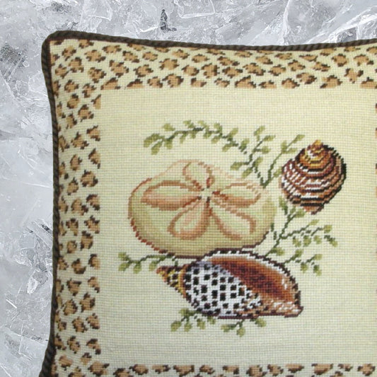 Handmade Wool Needlepoint Pillow Cover - Decorative Throw Cushion Cover - Vintage Floral Embroidery Design light & flat sea shell with brown tassel
