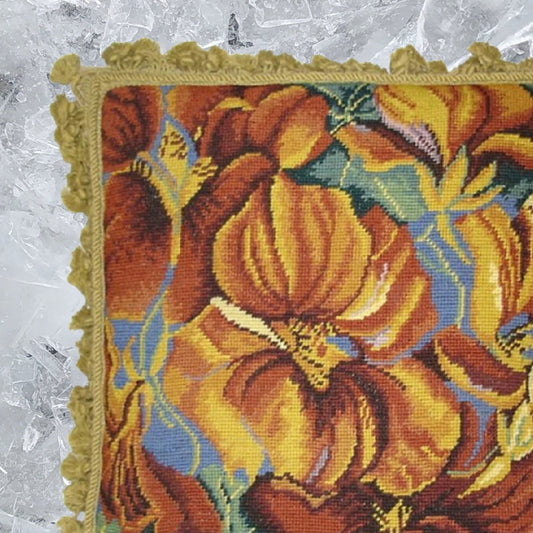 Handmade Wool Needlepoint Pillow Cover - Decorative Throw Cushion Cover - Vintage Floral Embroidery Design tiger Orchard with gold tassels