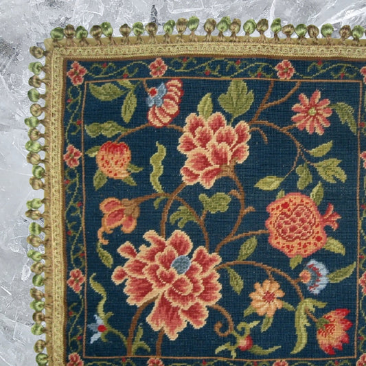 Handmade Wool Needlepoint Pillow Cover - Decorative Throw Cushion Cover - Vintage Floral Embroidery Design navy blue back blooming peonies with tassels