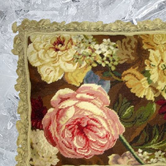 Handmade Wool Needlepoint Pillow Cover - Decorative Throw Cushion Cover - Vintage Floral Embroidery Design pink roses & flower with tassels