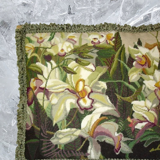 Handmade Wool Needlepoint Pillow Cover - Decorative Throw Cushion Cover - Vintage Floral Embroidery Design Iris in shade of ivory, pink purple, yellow green, with green tassels