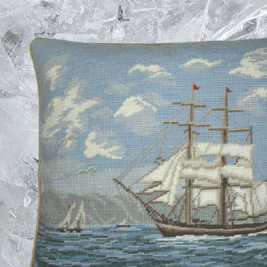 Handmade Wool Needlepoint Pillow Cover - Decorative Throw Cushion Cover - Vintage Floral Embroidery Design sail boat