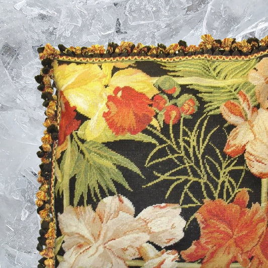 Handmade Wool Needlepoint Pillow Cover - Decorative Throw Cushion Cover - Vintage Floral Embroidery Design blackback banboo framed tropical flower in red, yellow, green with tassel