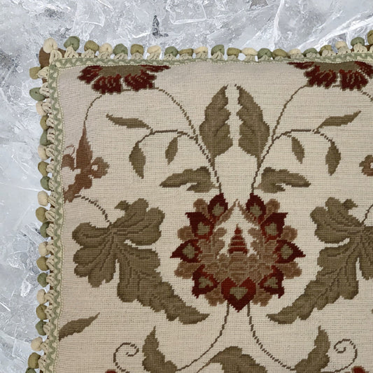 Handmade Wool Needlepoint Pillow Cover - Decorative Throw Cushion Cover - Vintage Floral Embroidery Design leaf red flowers with 3 color tassels