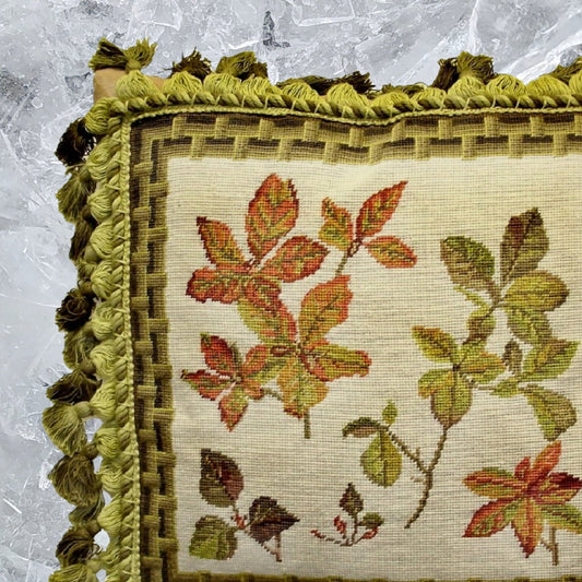 Handmade Wool Needlepoint Pillow Cover - Decorative Throw Cushion Cover - Vintage Floral Embroidery Design leaves bamboo frame with 3 color tassel