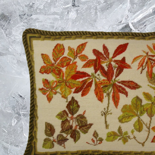 Handmade Wool Needlepoint Pillow Cover - Decorative Throw Cushion Cover - Vintage Floral Embroidery Design banboo frame autumn leaves with cording
